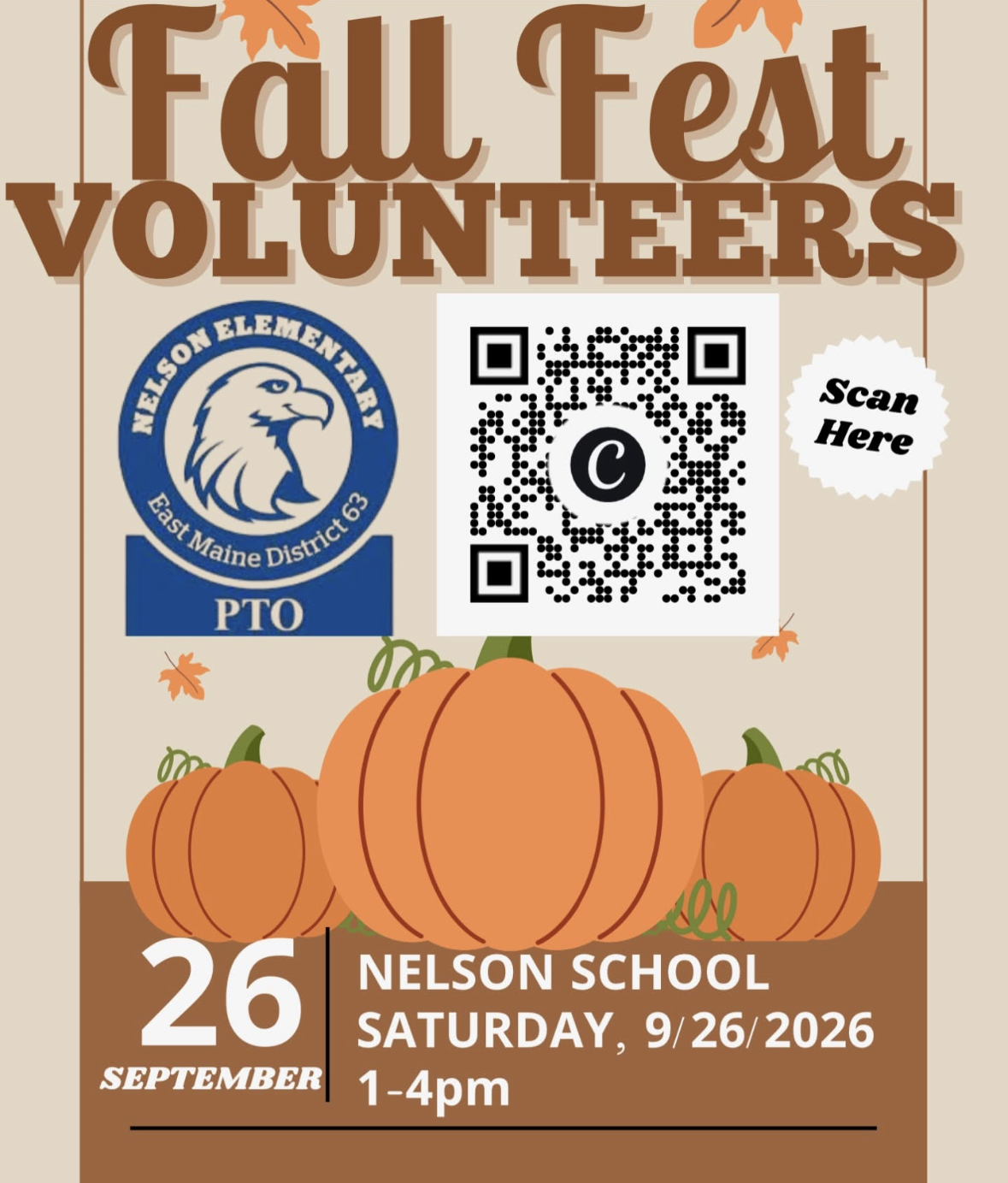 Fall Fest Volunteers flyer — Saturday, September 26, 2026, 1-4pm at Nelson School. Scan the QR code to sign up.
